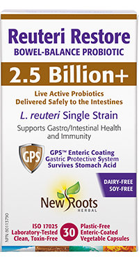 Reuteri Restore<br><span style='font-size: .8em;'>Bowel-Balance Probiotic · 2.5 Billion+</span>